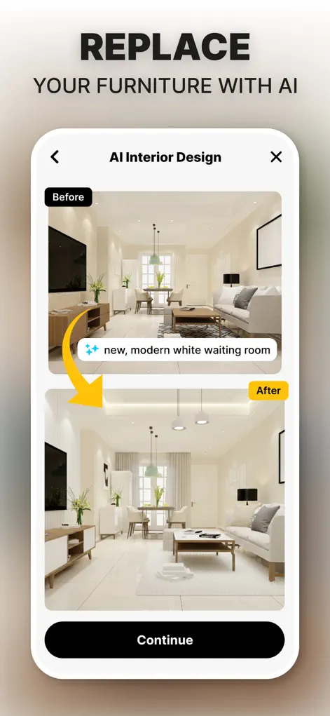 Before and after of a modern AI living room makeover